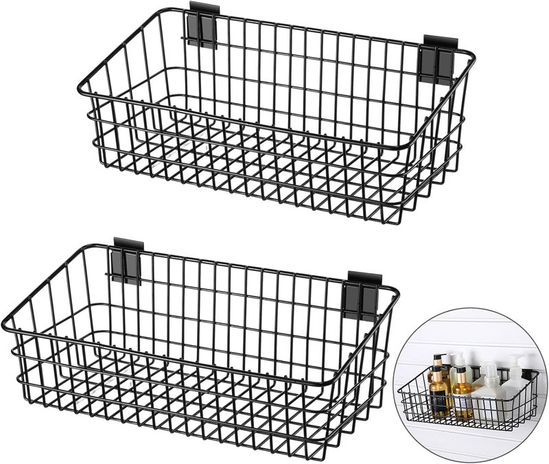 Yaocom 2 Pcs Slatwall Baskets for Slatwall,15.8 Inch Width Metal Heavy Duty Wire Mounted Hanging Basket Storage Display Basket for Retail,Garage,Office,Sports,Toys,and More,Black - Image 1